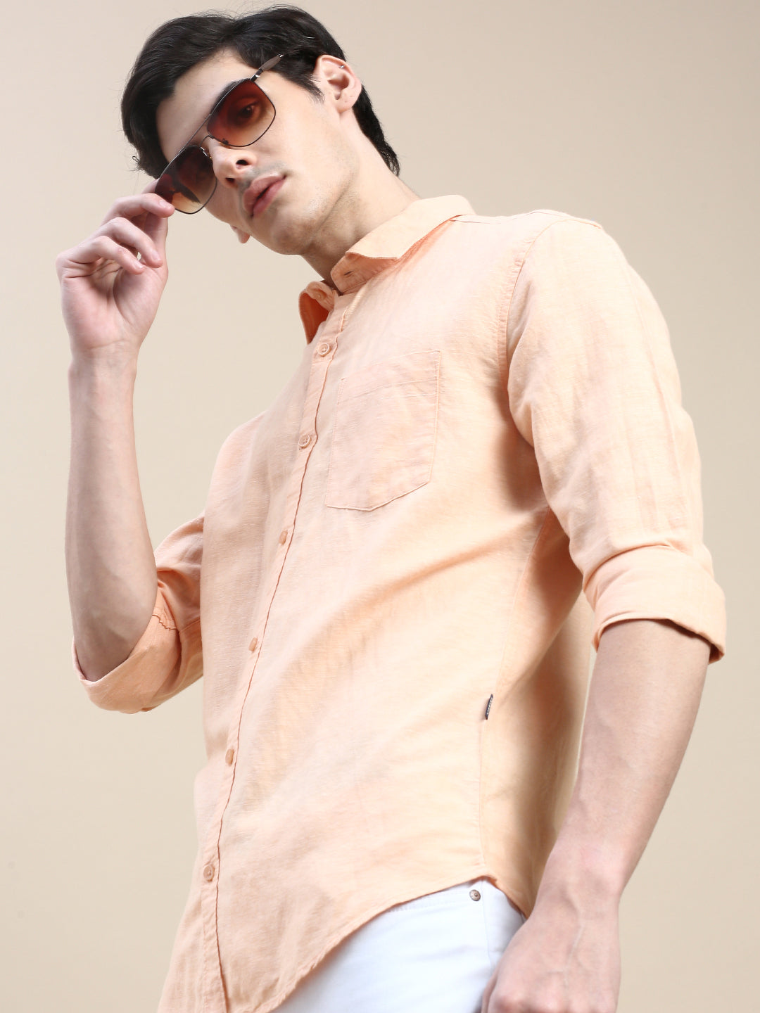 Men Orange Solid Casual Shirt