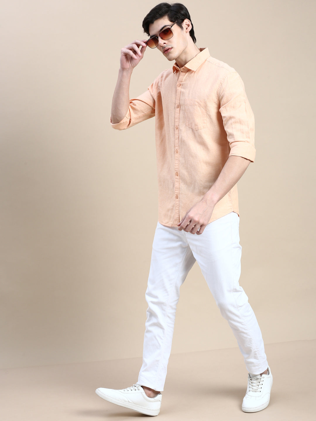 Men Orange Solid Casual Shirt