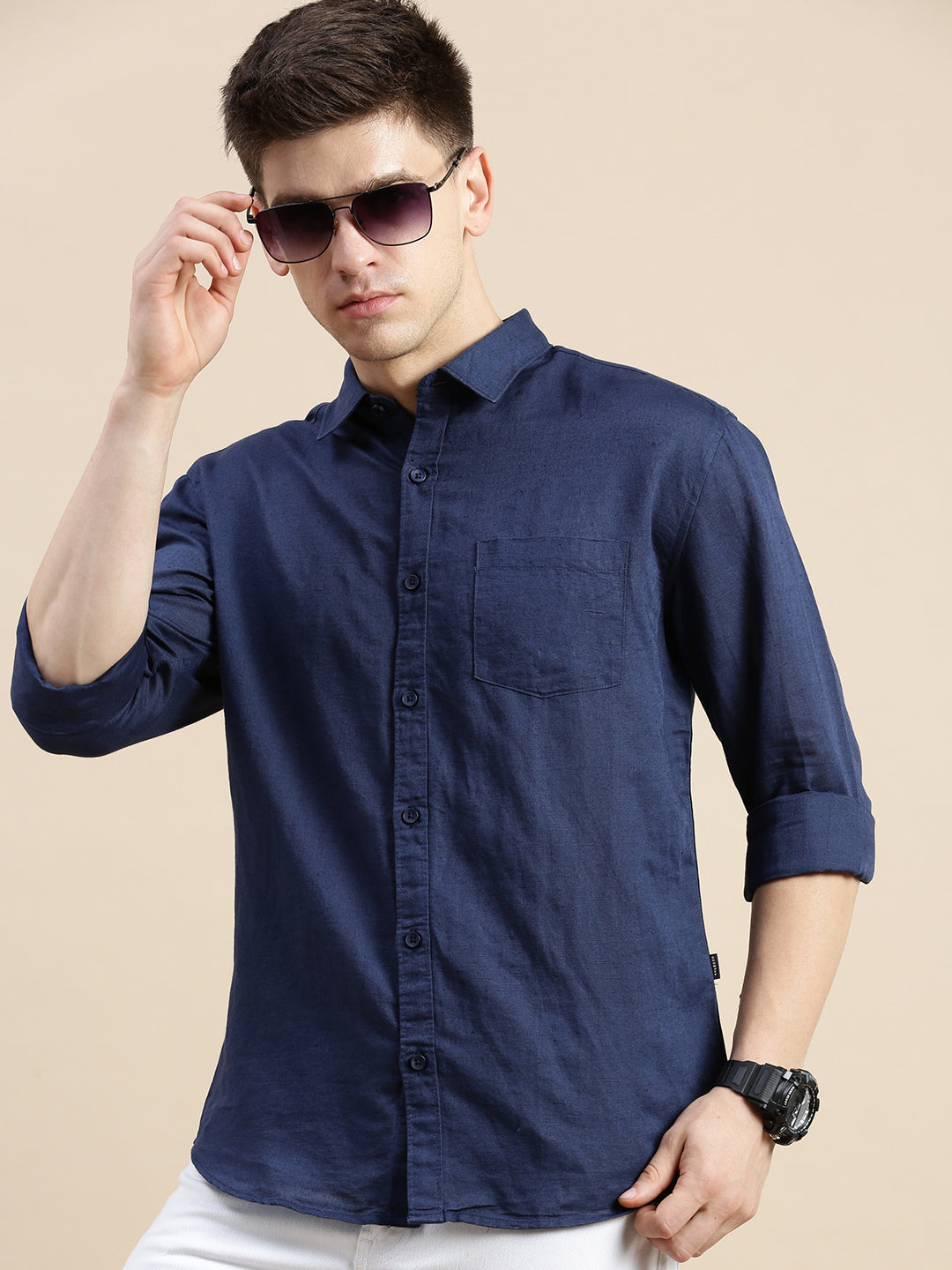 Men Navy Solid Casual Shirt