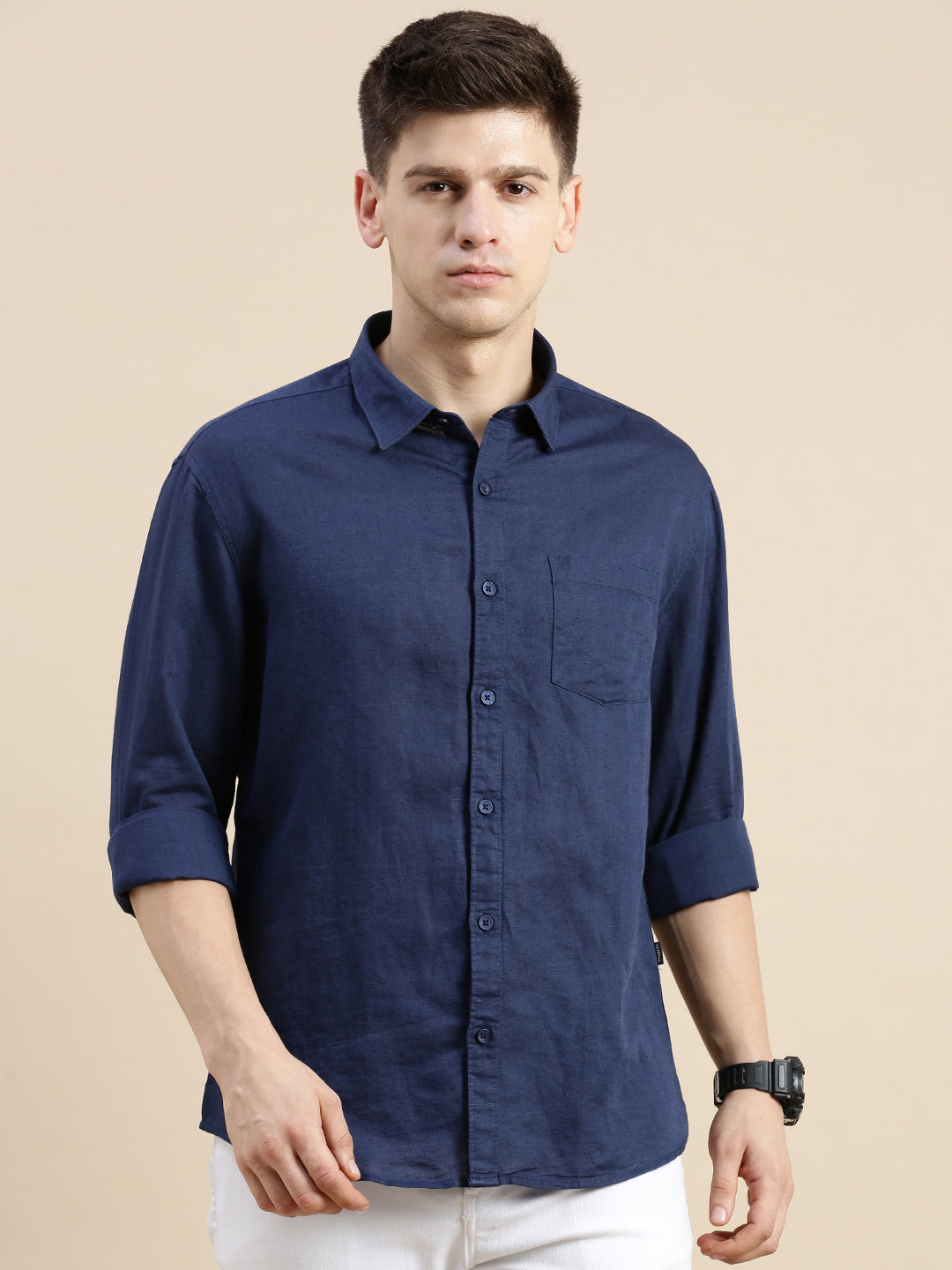 Men Navy Solid Casual Shirt