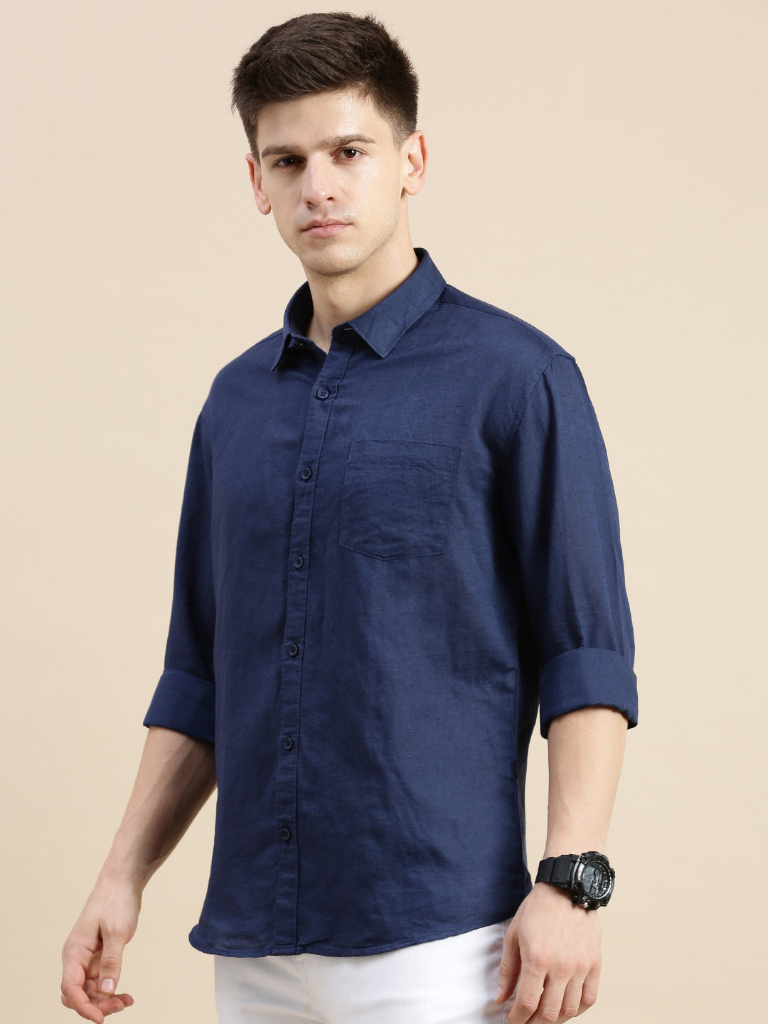 Men Navy Solid Casual Shirt