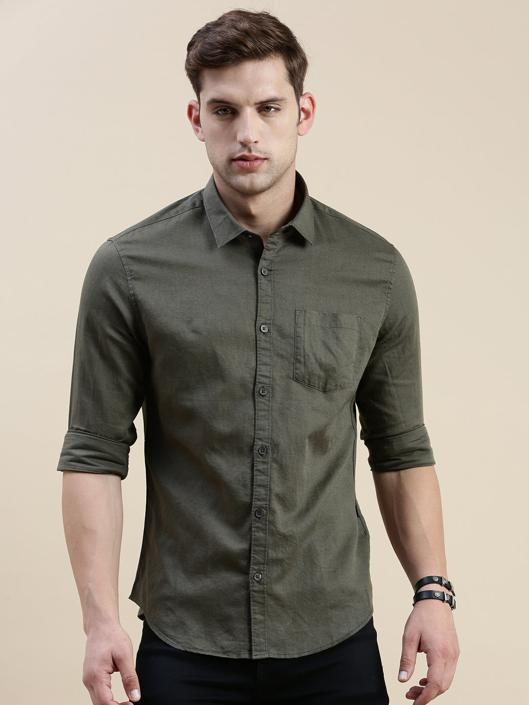 Men Green Solid Casual Shirt