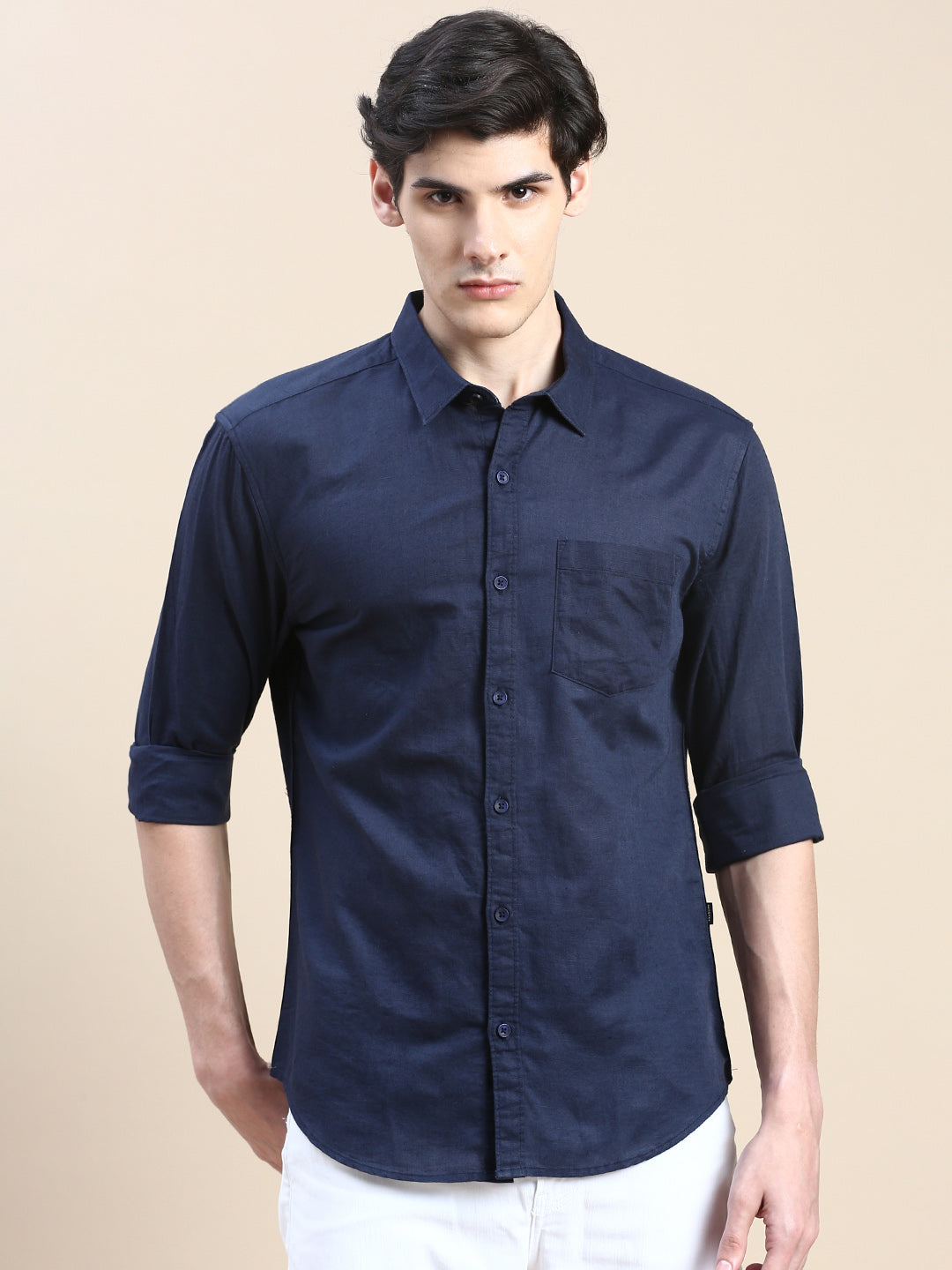 Men Navy Solid Casual Shirt