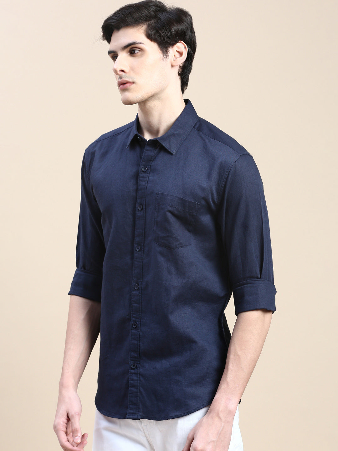 Men Navy Solid Casual Shirt