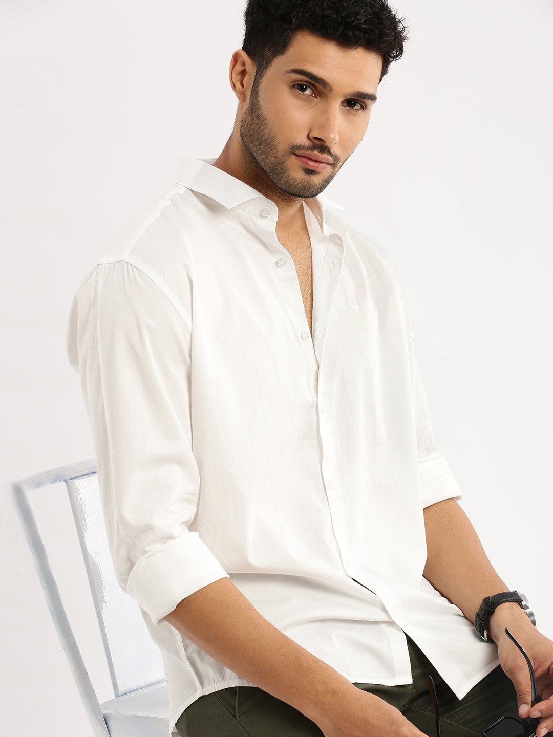 Men White Spread Collar Solid Shirt