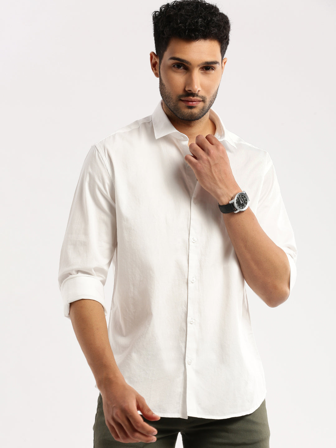 Men White Spread Collar Solid Shirt