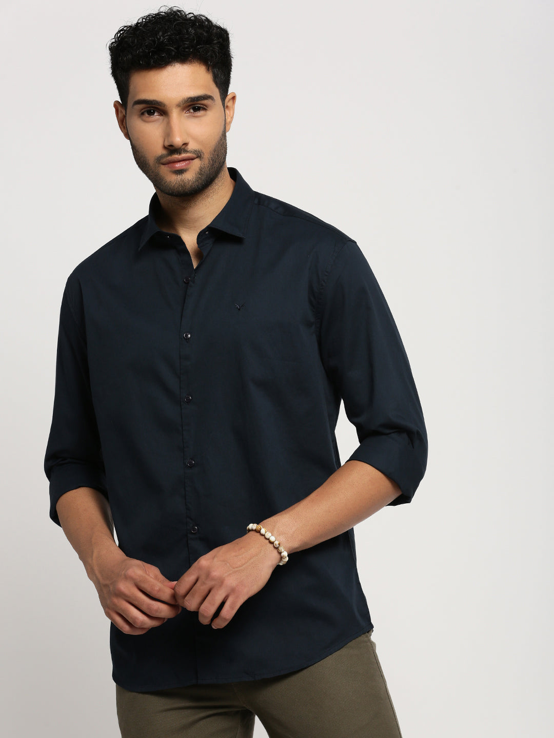 Men Navy Blue Spread Collar Solid Shirt