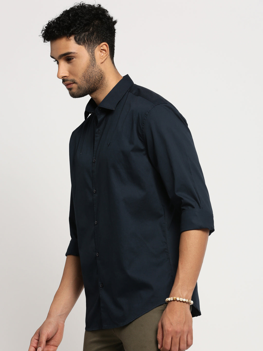 Men Navy Blue Spread Collar Solid Shirt