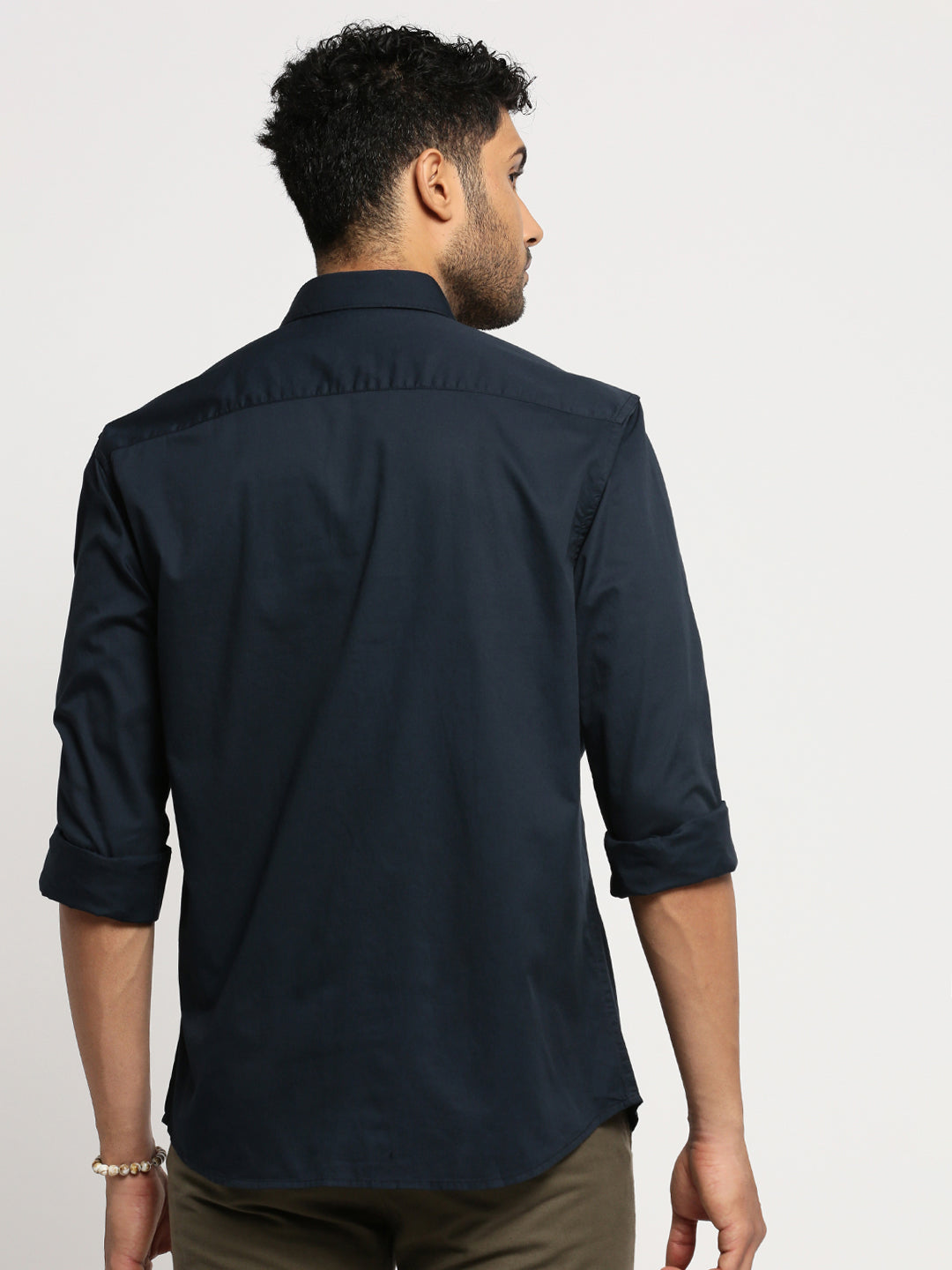 Men Navy Blue Spread Collar Solid Shirt