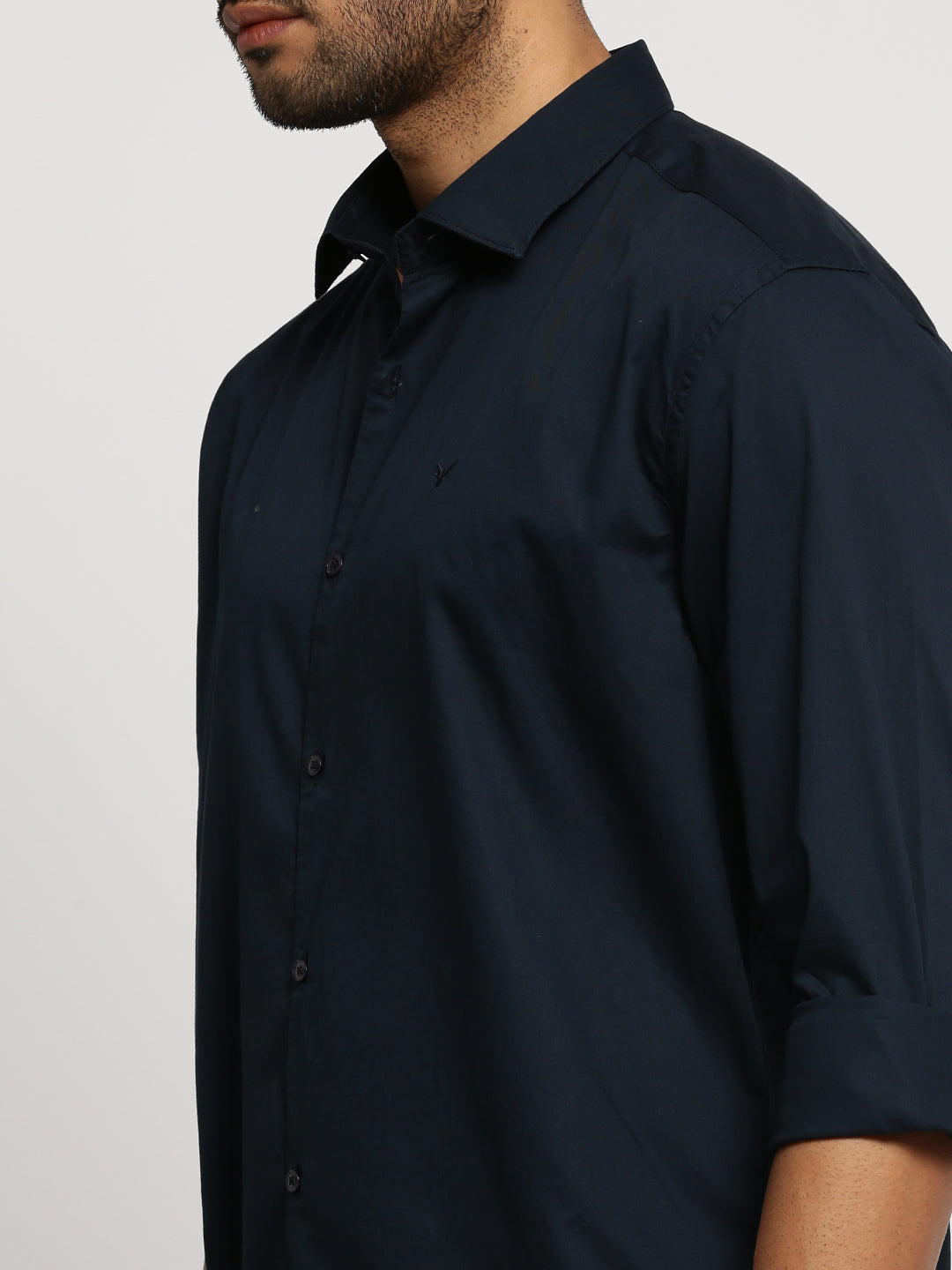 Men Navy Blue Spread Collar Solid Shirt