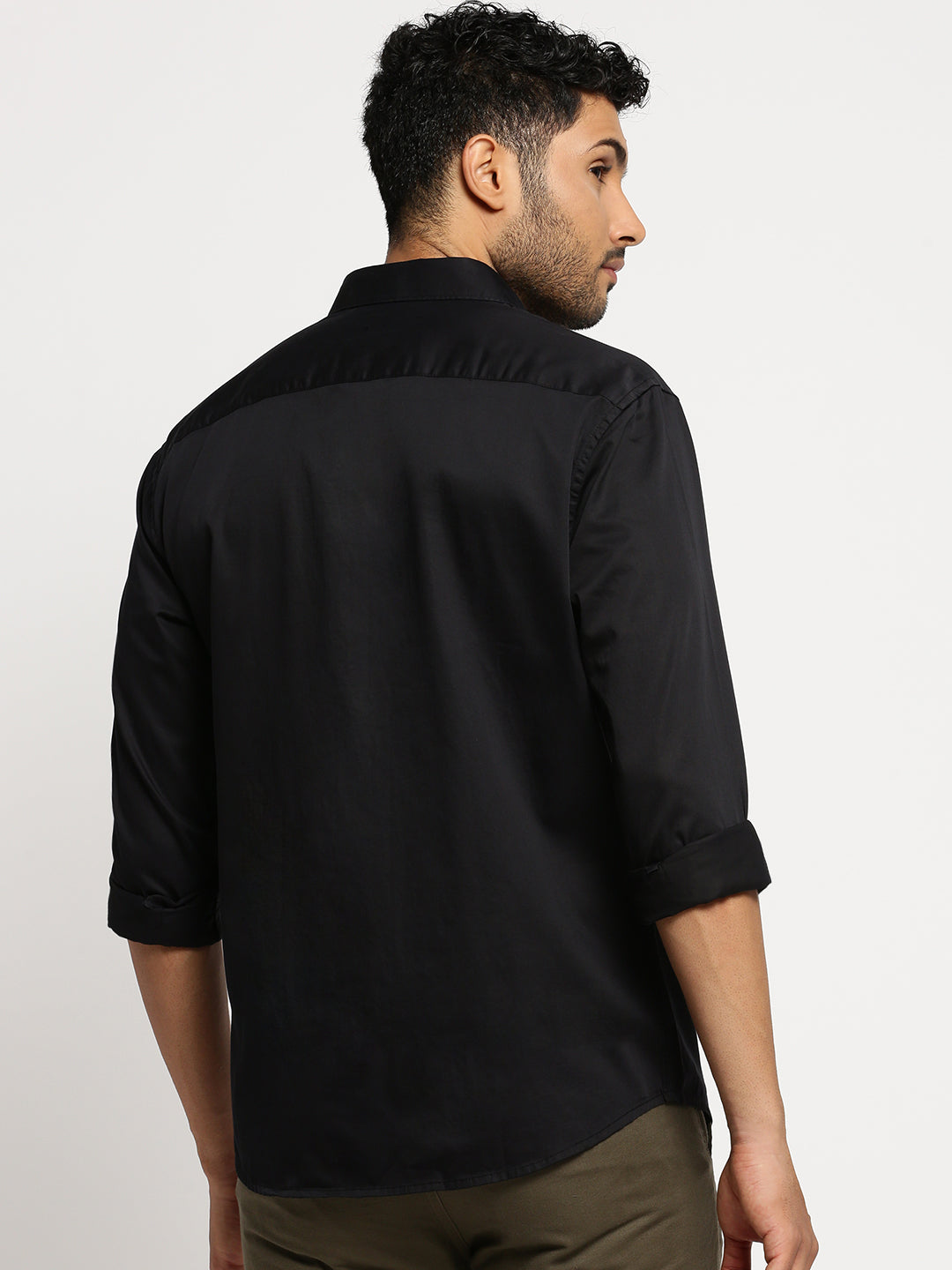 Men's Black Spread Collar Solid Shirt