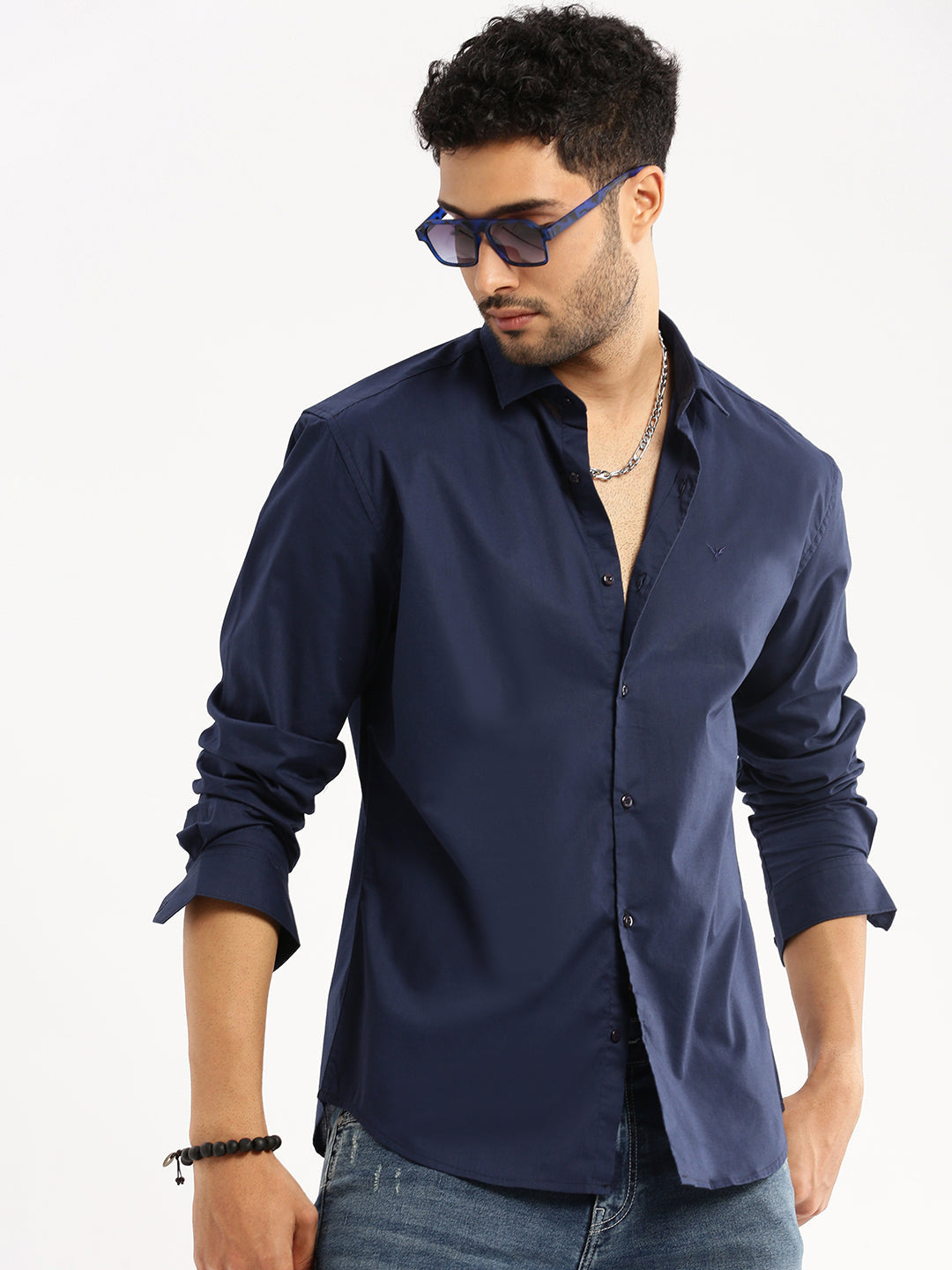 Men Navy Blue Spread Collar Solid Shirt