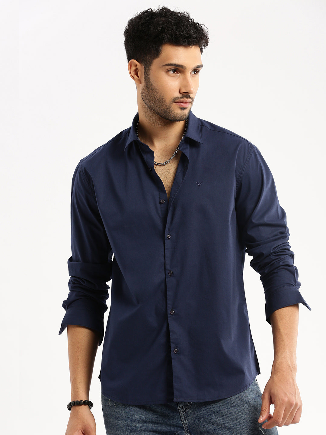 Men Navy Blue Spread Collar Solid Shirt