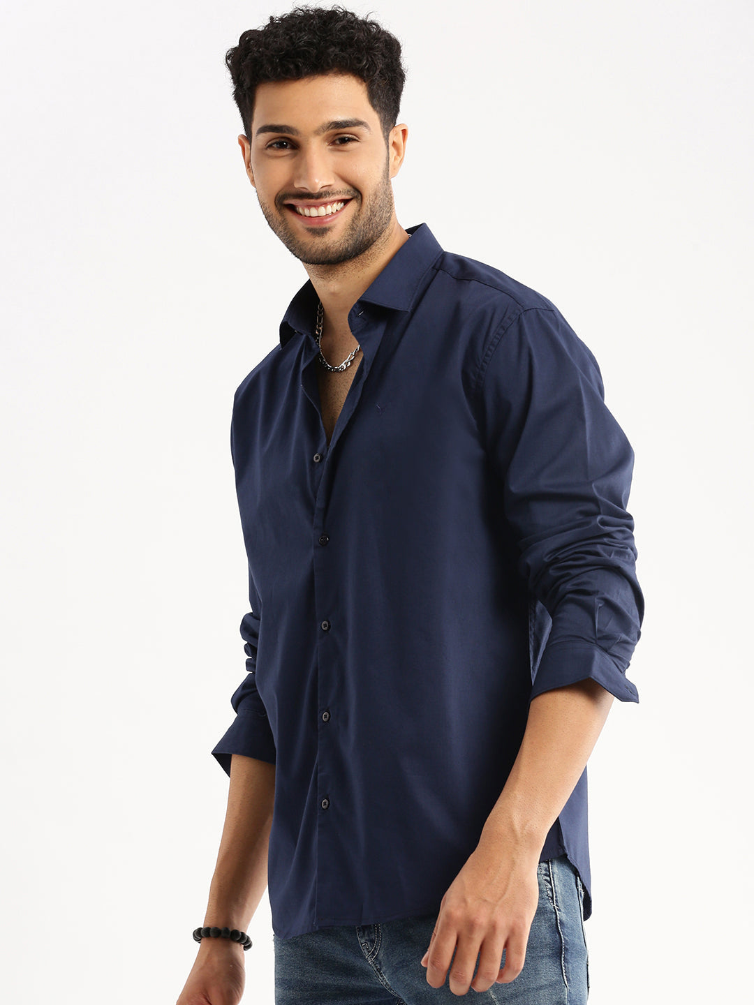 Men Navy Blue Spread Collar Solid Shirt