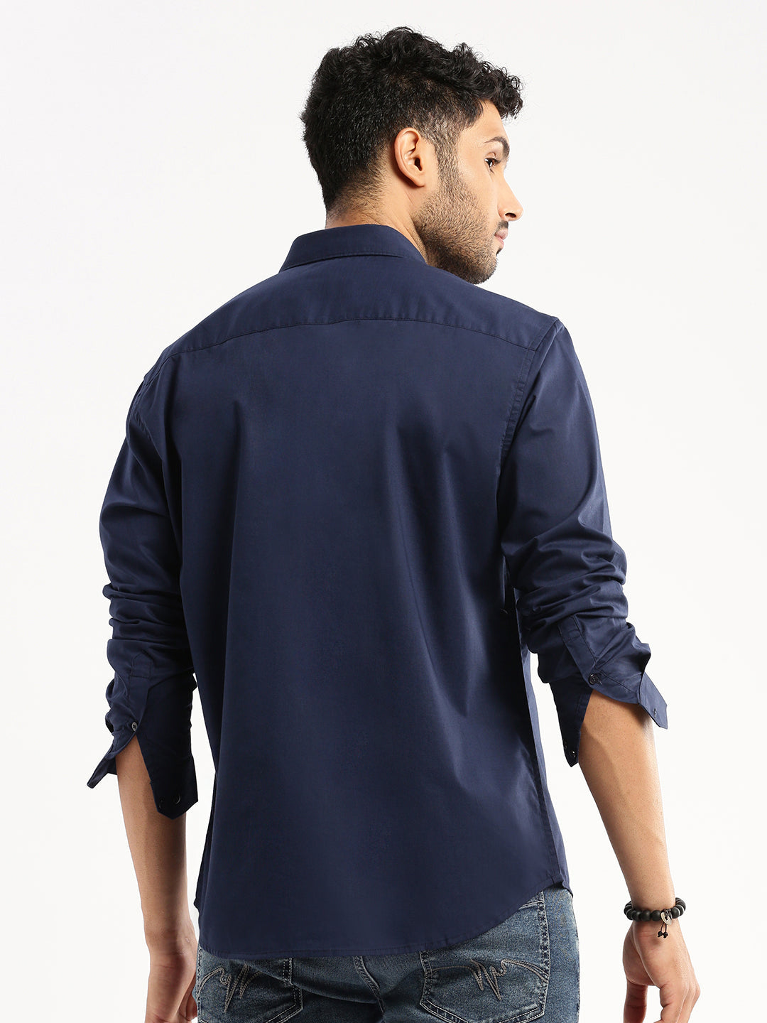 Men Navy Blue Spread Collar Solid Shirt