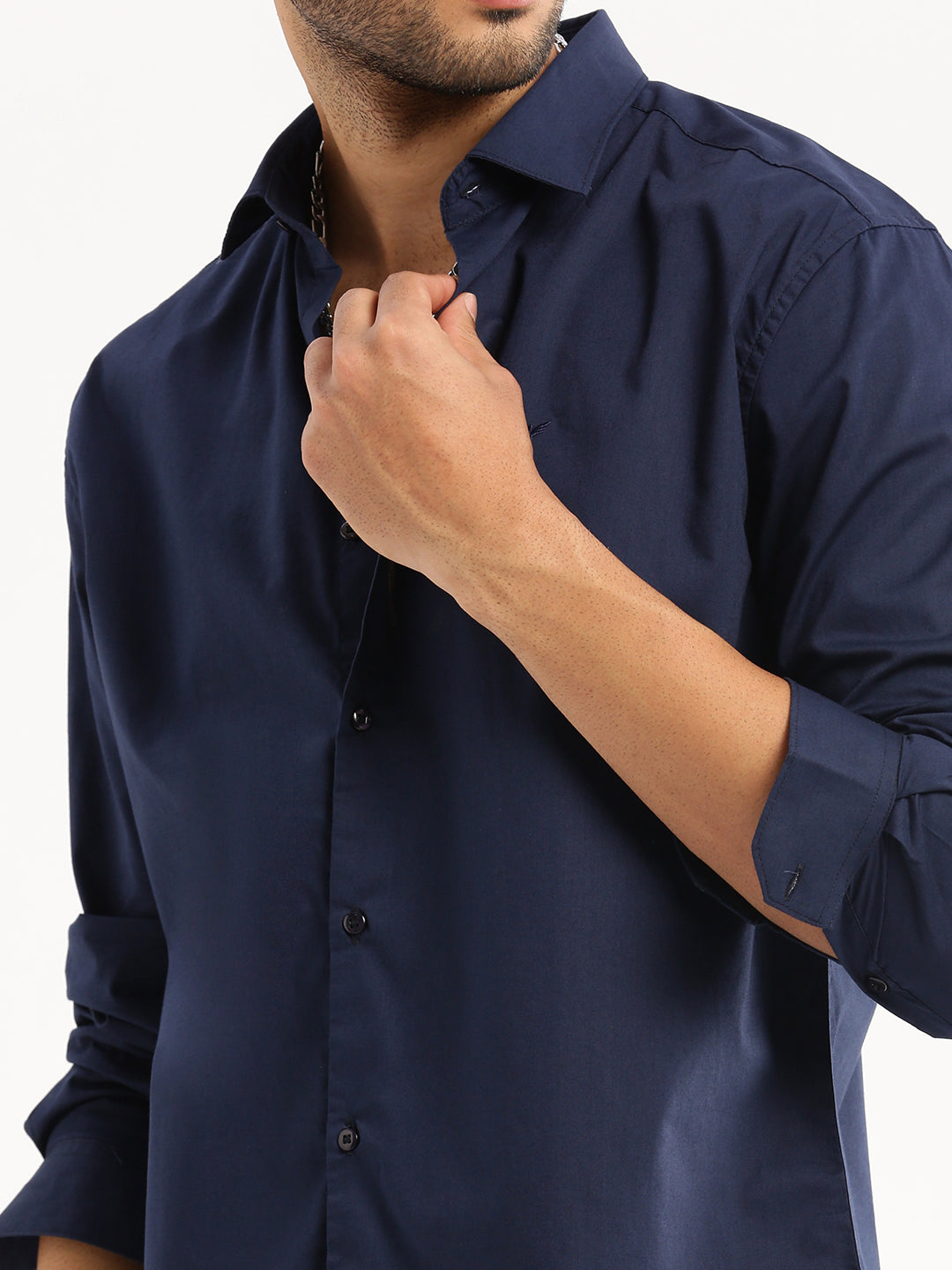 Men Navy Blue Spread Collar Solid Shirt