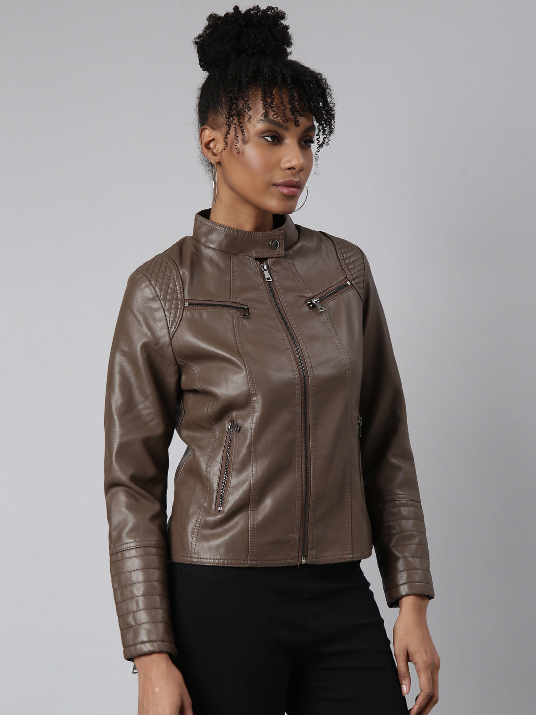 Women Solid Brown Biker Jacket