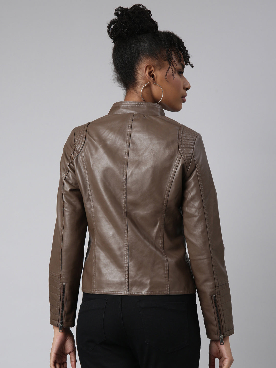 Women Solid Brown Biker Jacket