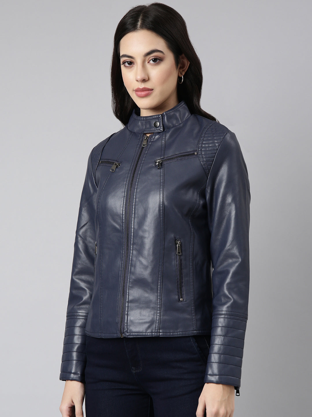 Women Solid Navy Blue Biker Jacket