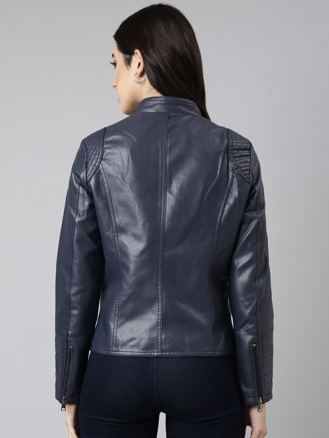 Women Solid Navy Blue Biker Jacket