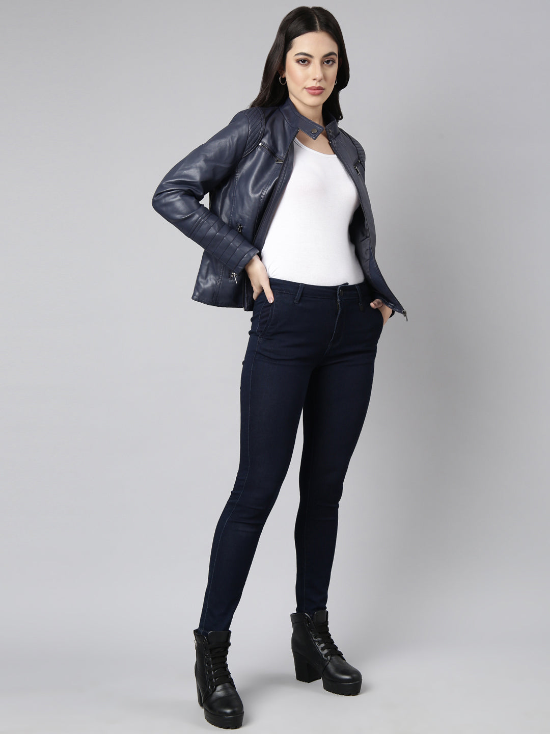 Women Solid Navy Blue Biker Jacket