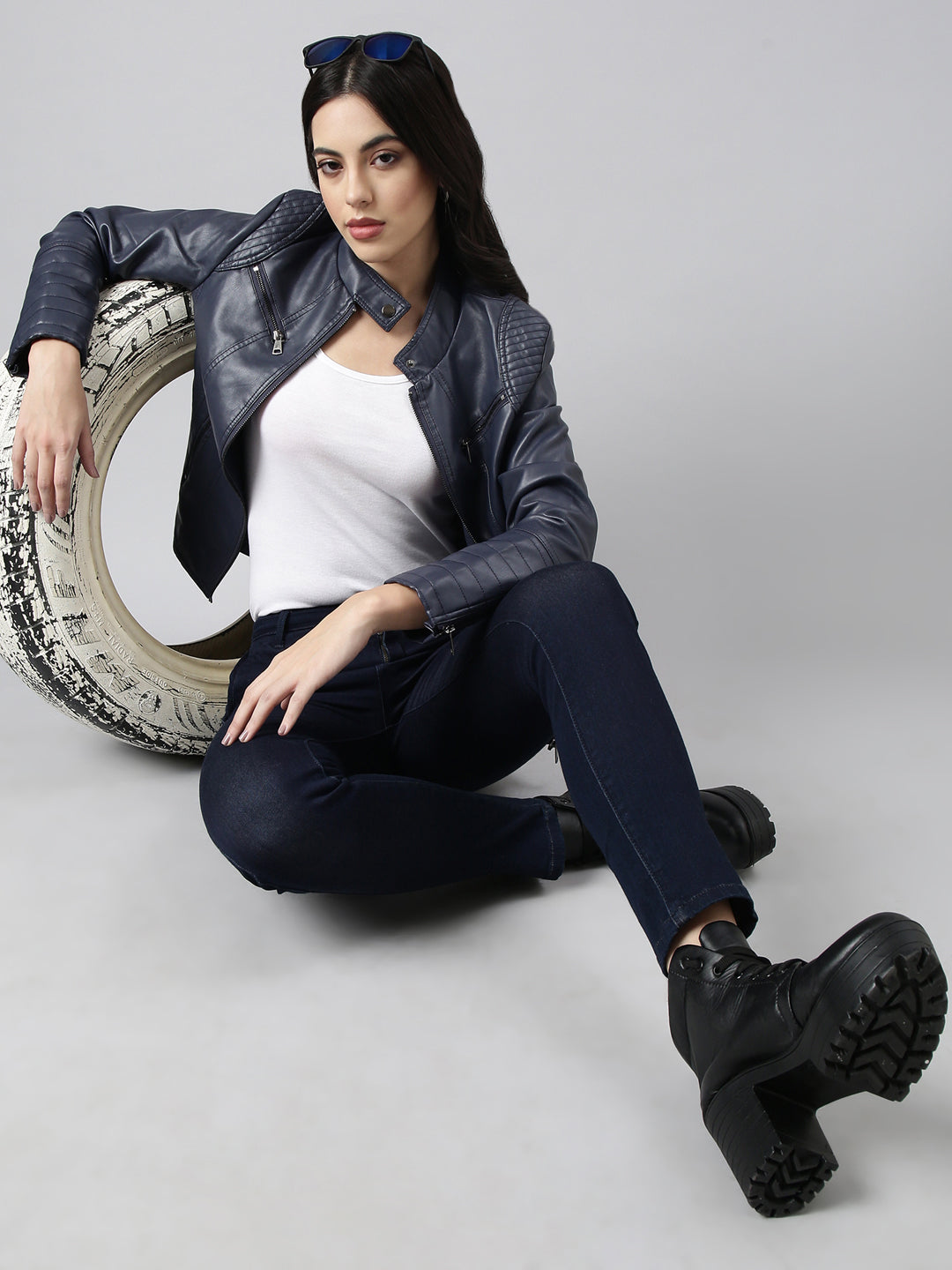 Women Solid Navy Blue Biker Jacket