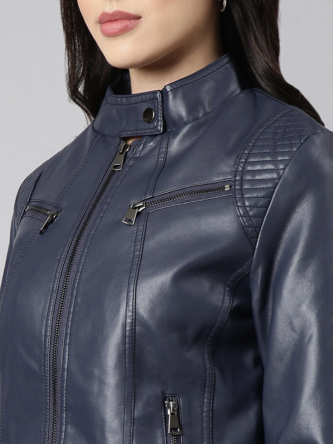 Women Solid Navy Blue Biker Jacket