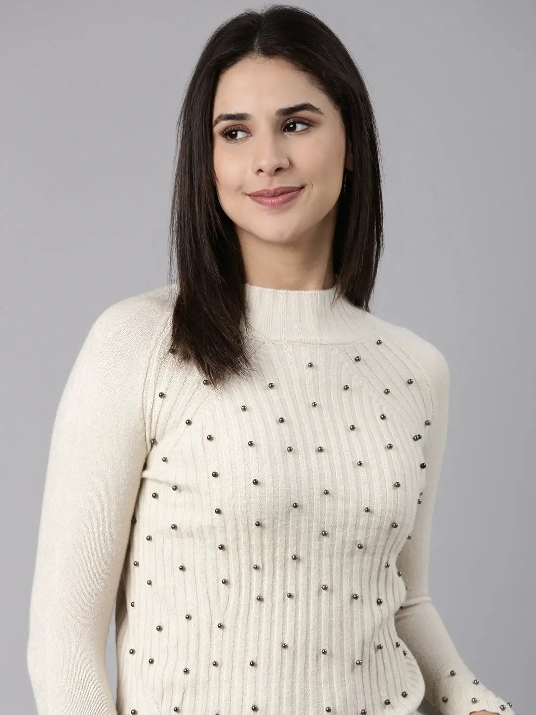 Women's High Neck Solid Raglan Sleeves Fitted Beige Top