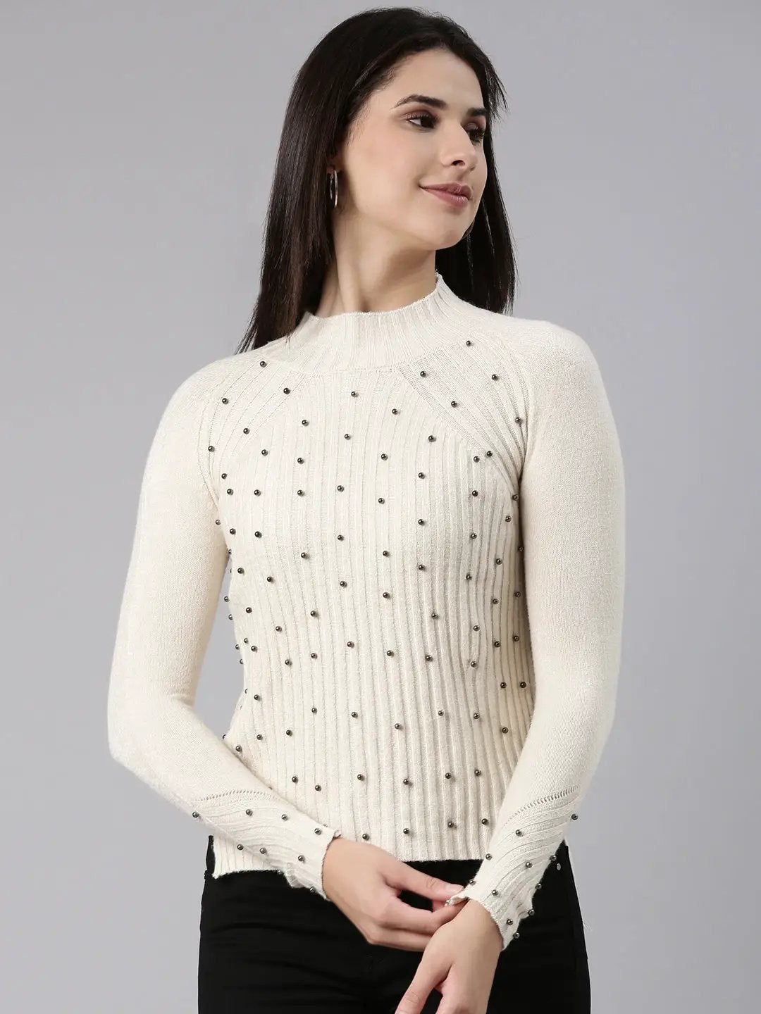 Women's High Neck Solid Raglan Sleeves Fitted Beige Top