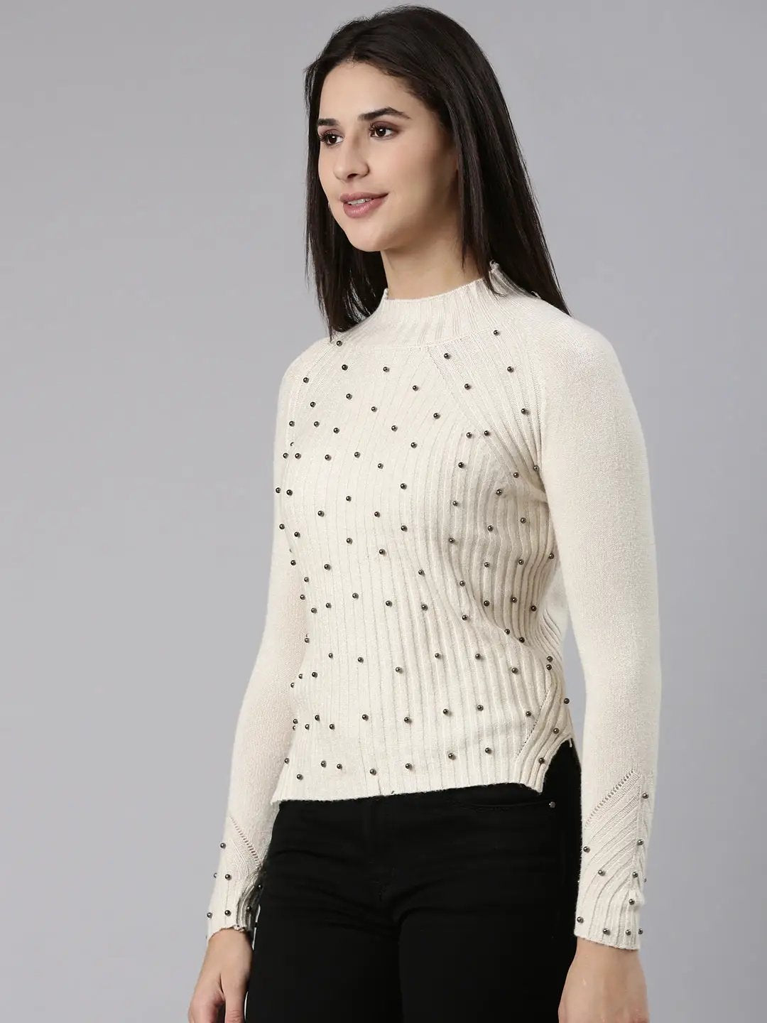 Women's High Neck Solid Raglan Sleeves Fitted Beige Top