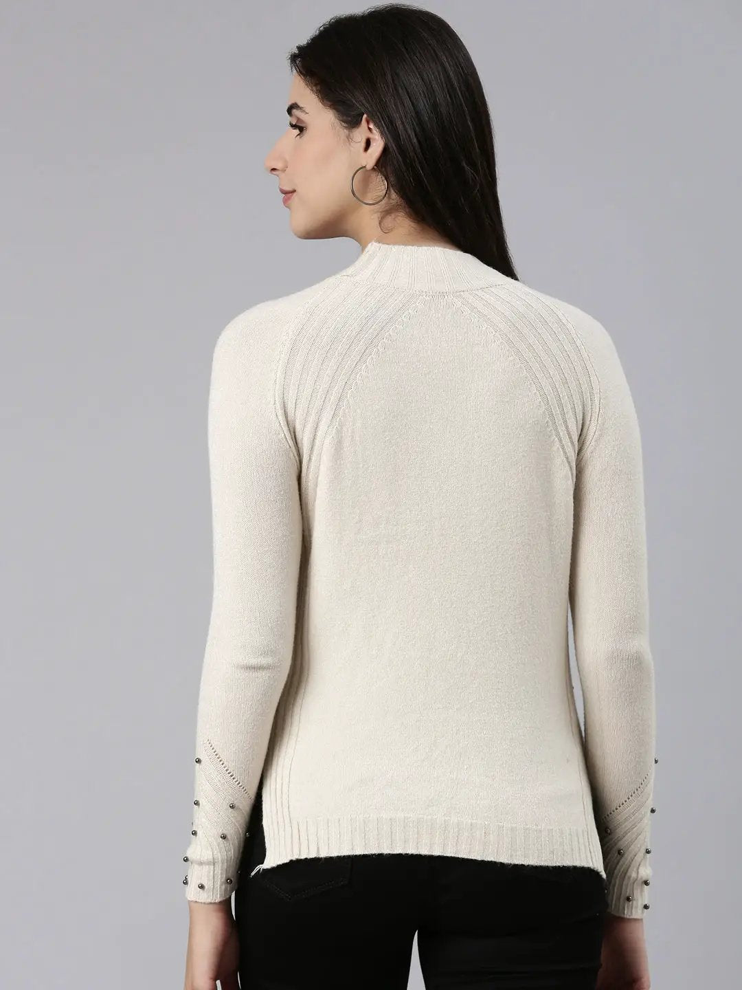 Women's High Neck Solid Raglan Sleeves Fitted Beige Top