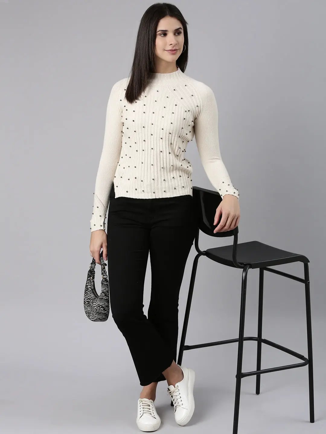 Women's High Neck Solid Raglan Sleeves Fitted Beige Top