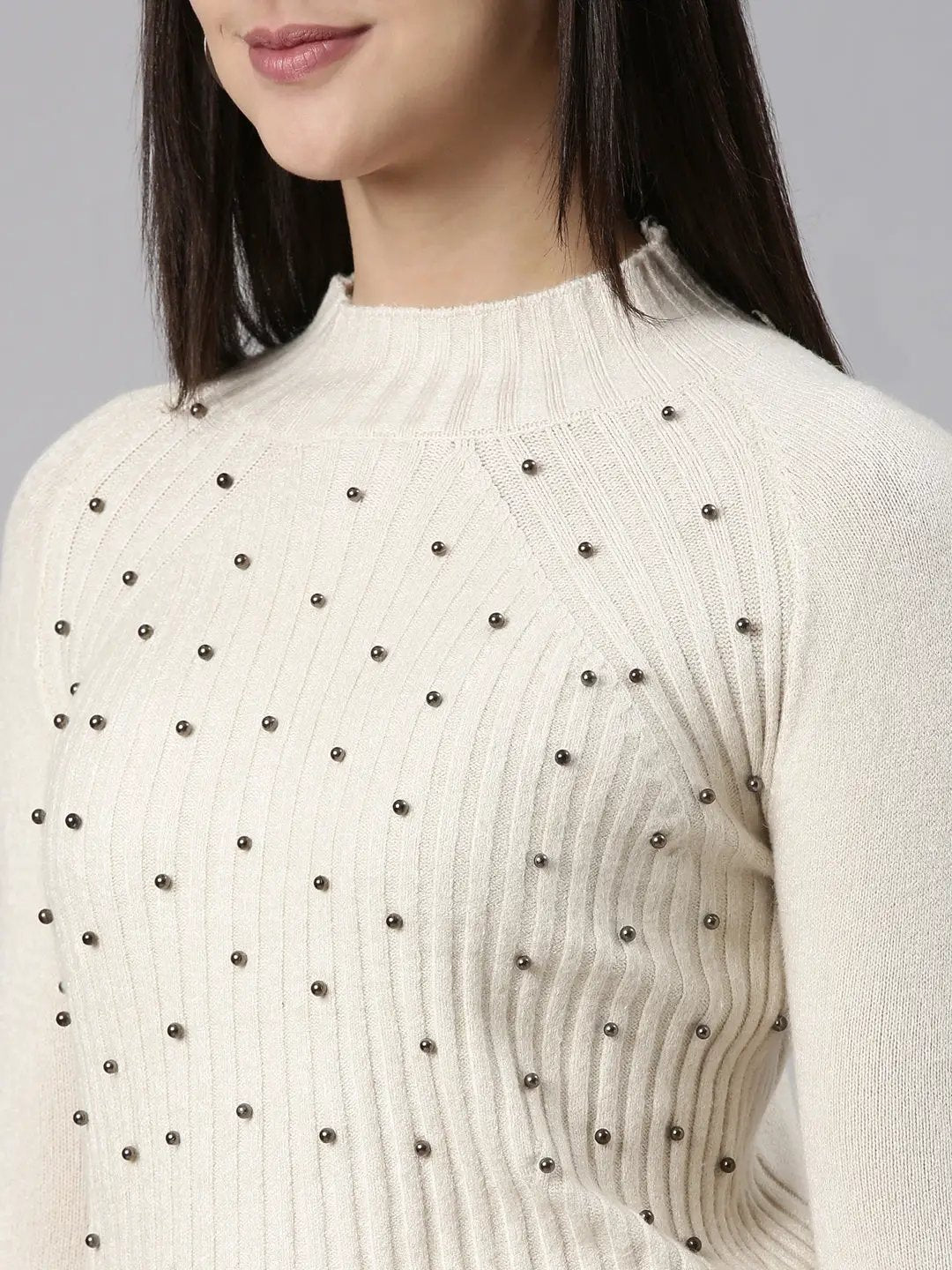 Women's High Neck Solid Raglan Sleeves Fitted Beige Top