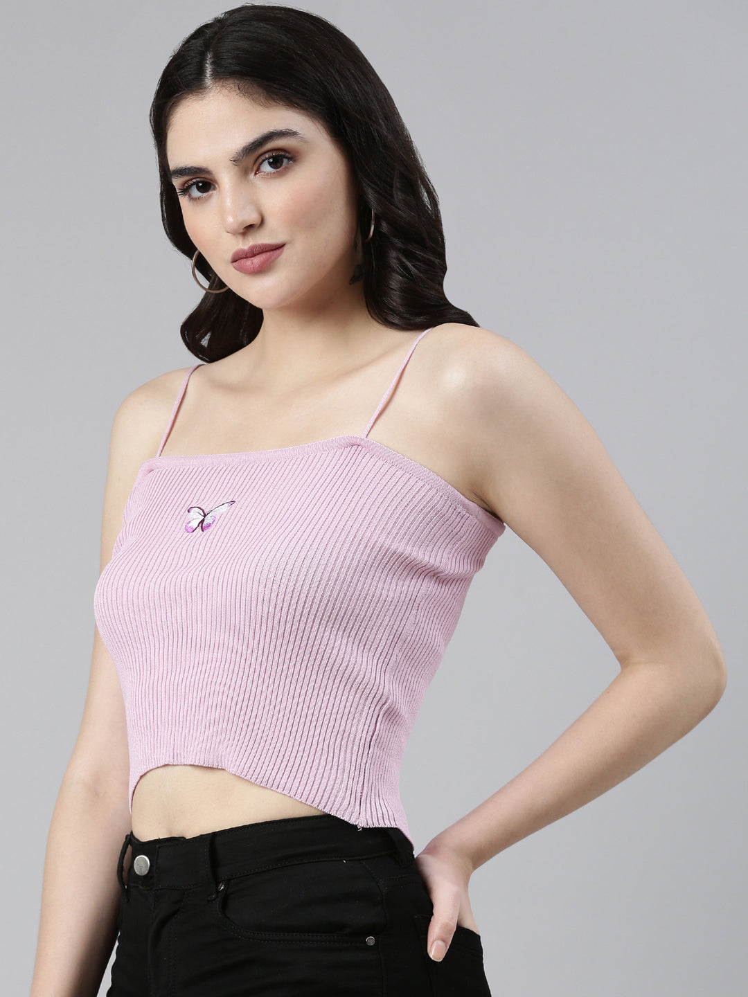 Shoulder Straps Solid Sleeveless Lavender Crop Tank Top