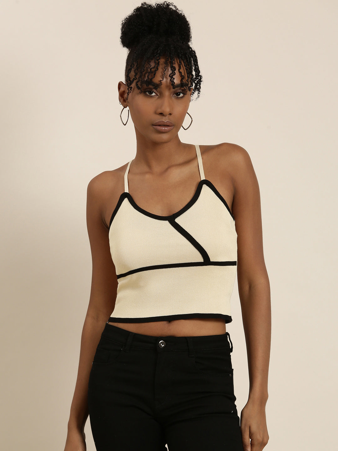 Women Shoulder Straps Solid Sleeveless Beige Crop Tank Top