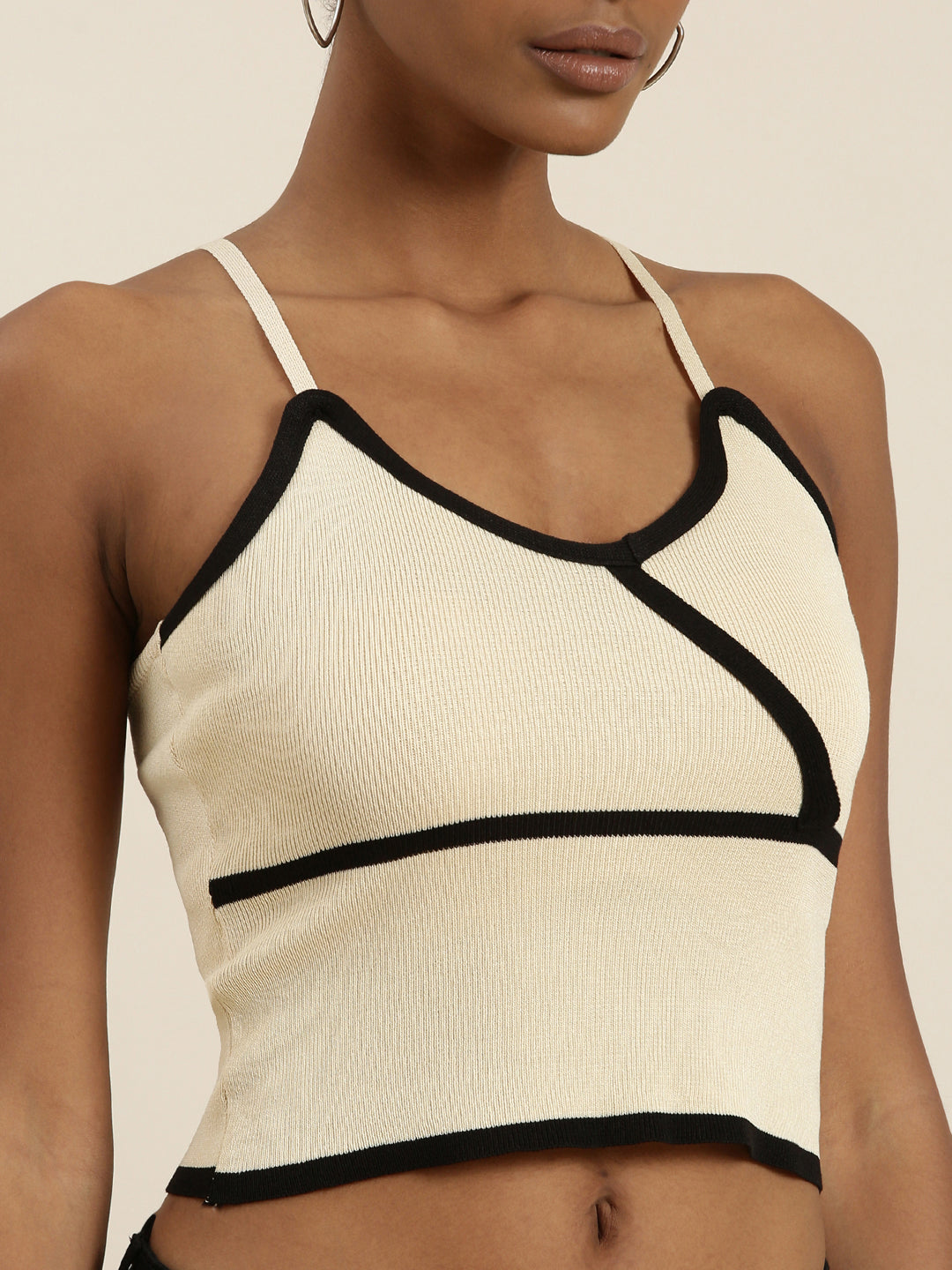 Women Shoulder Straps Solid Sleeveless Beige Crop Tank Top