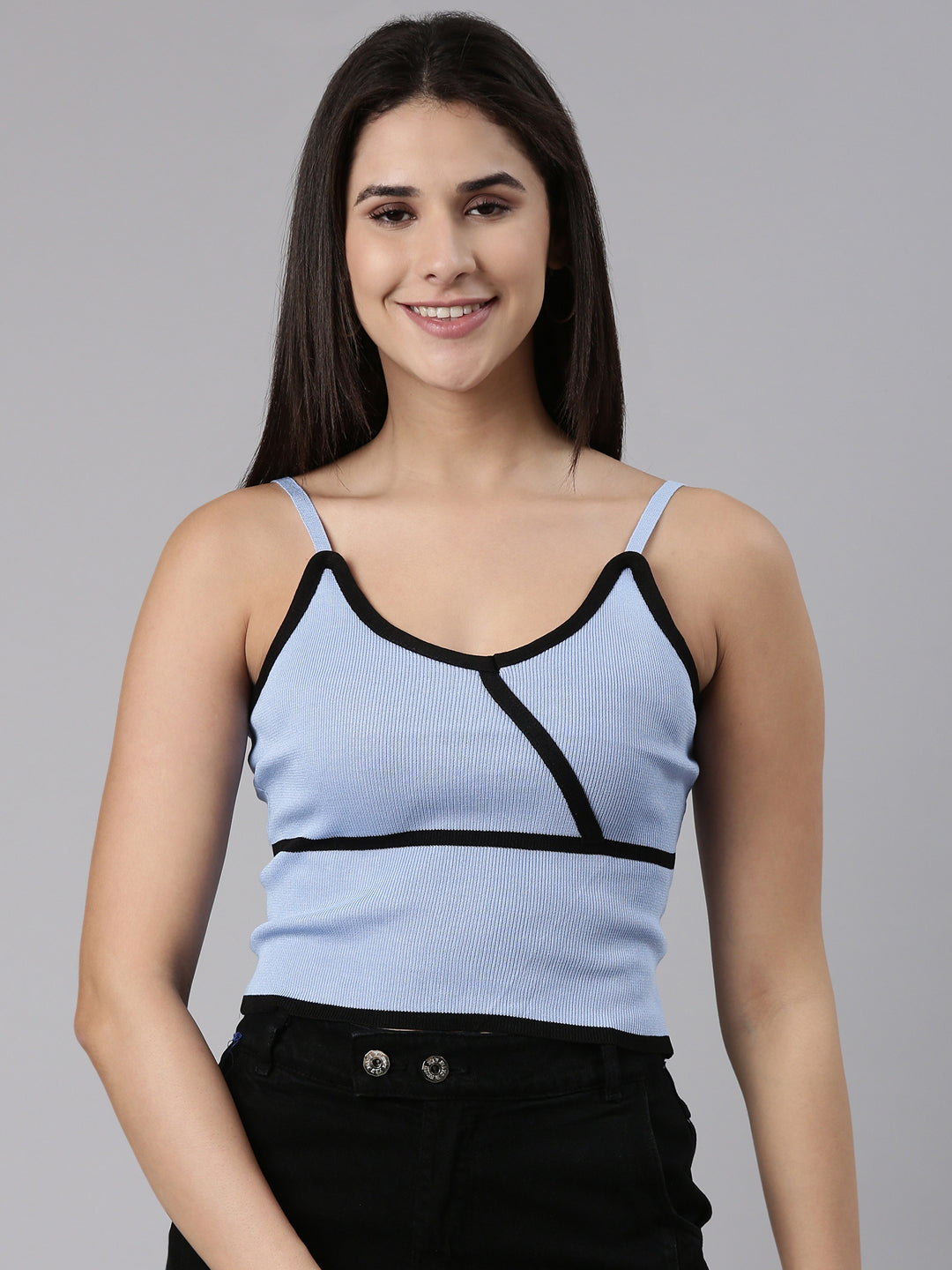 Women Shoulder Straps Solid Sleeveless Blue Crop Tank Top