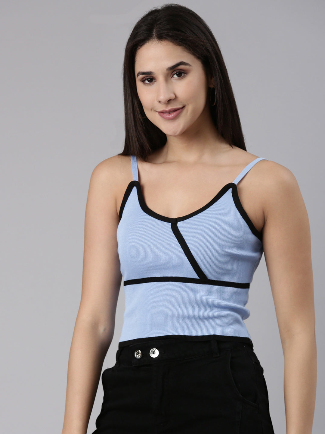 Shoulder Straps Solid Sleeveless Blue Crop Tank Top