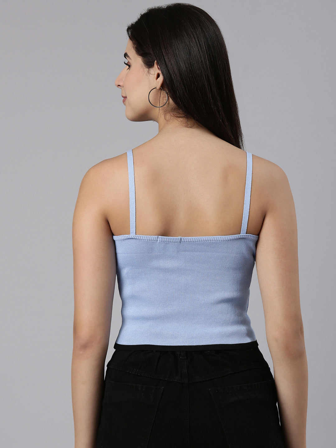 Shoulder Straps Solid Sleeveless Blue Crop Tank Top