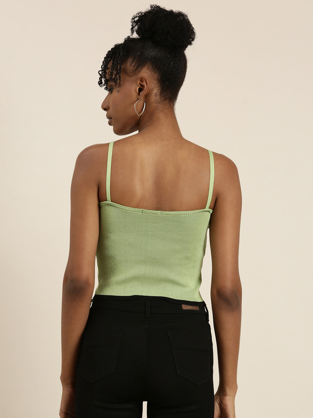 Women's Green Ribbed Shoulder Straps Crop Tank Top