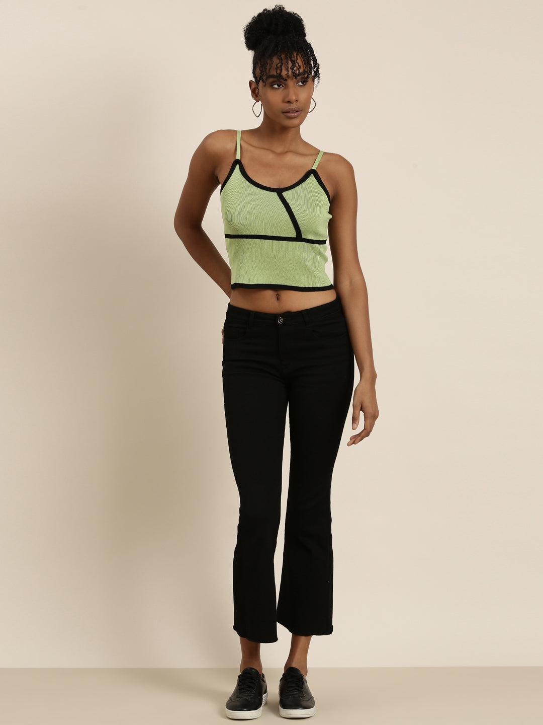Women's Green Ribbed Shoulder Straps Crop Tank Top