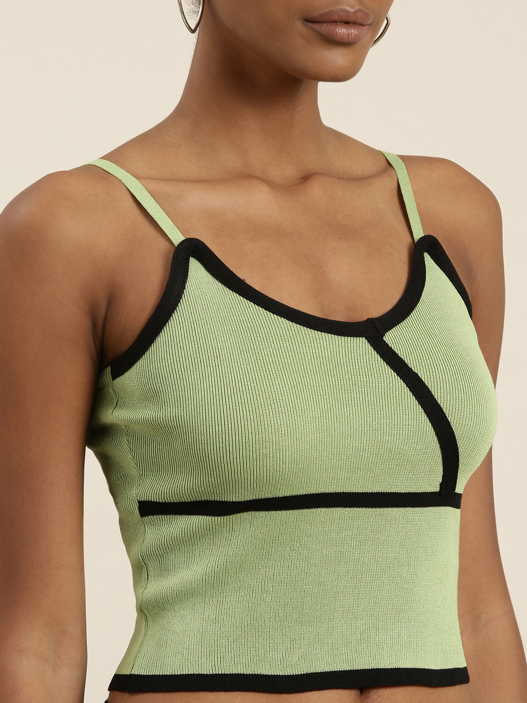 Women's Green Ribbed Shoulder Straps Crop Tank Top