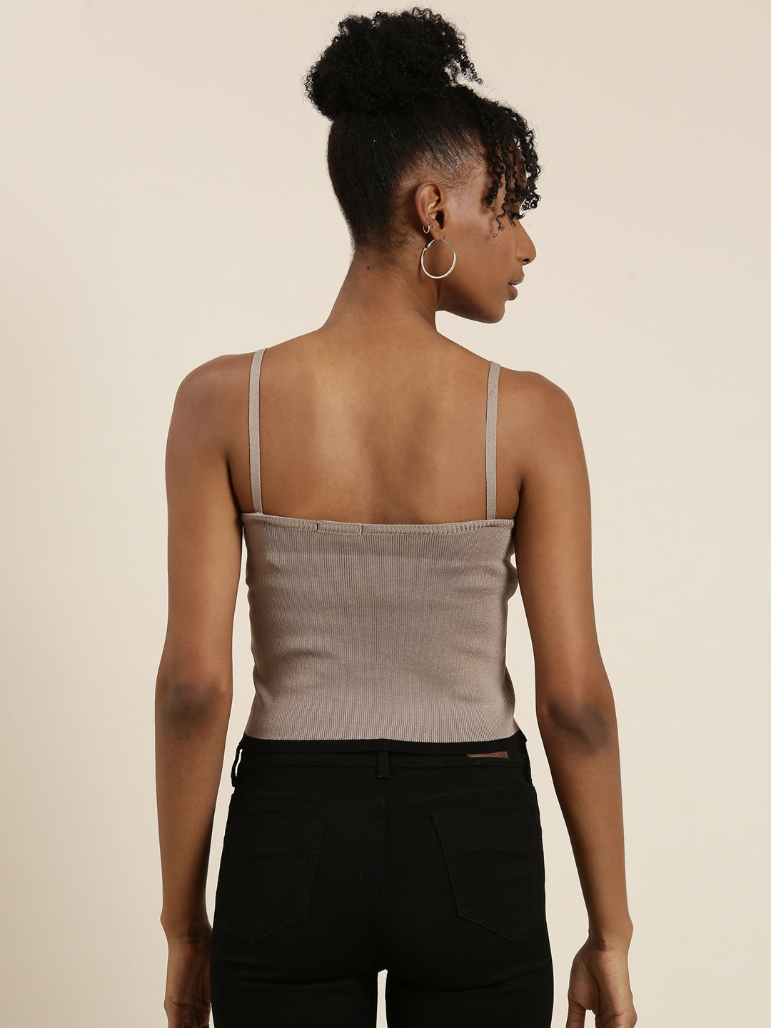 Women's Taupe Shoulder Straps Fitted Crop Top