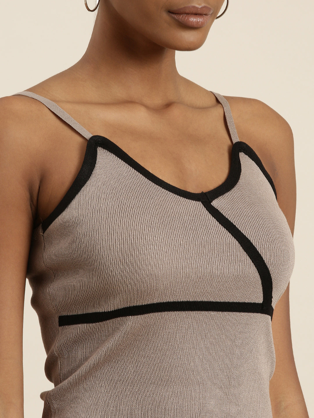 Women's Taupe Shoulder Straps Fitted Crop Top