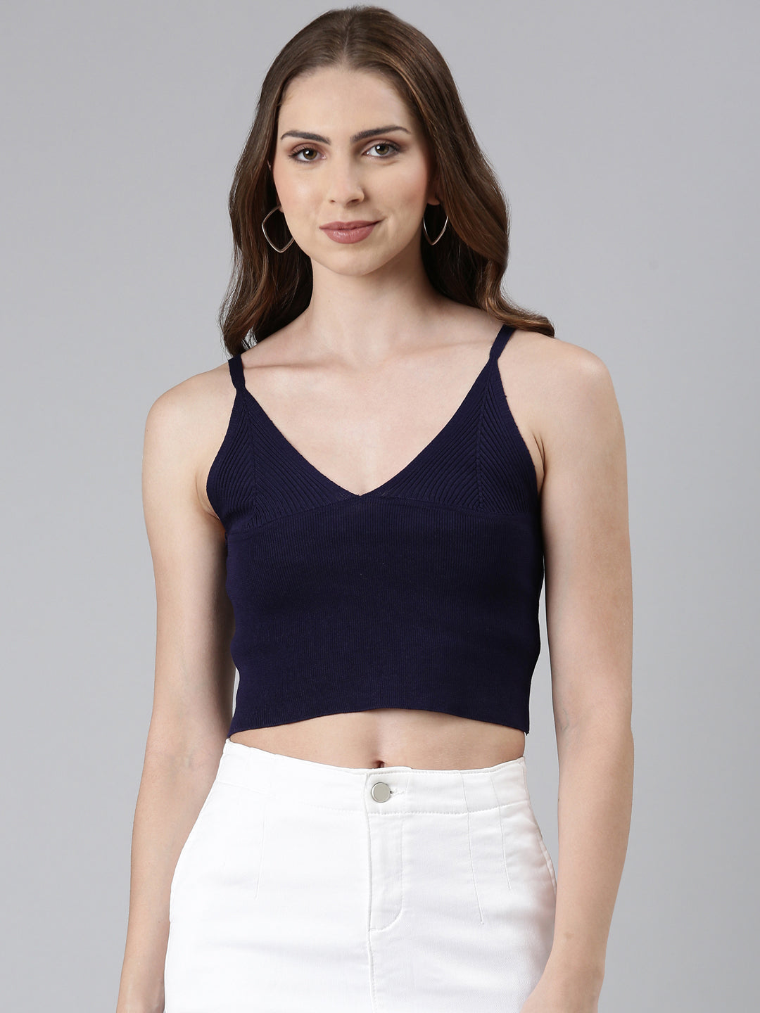 Shoulder Straps Solid Sleeveless Navy Blue Crop Tank Top