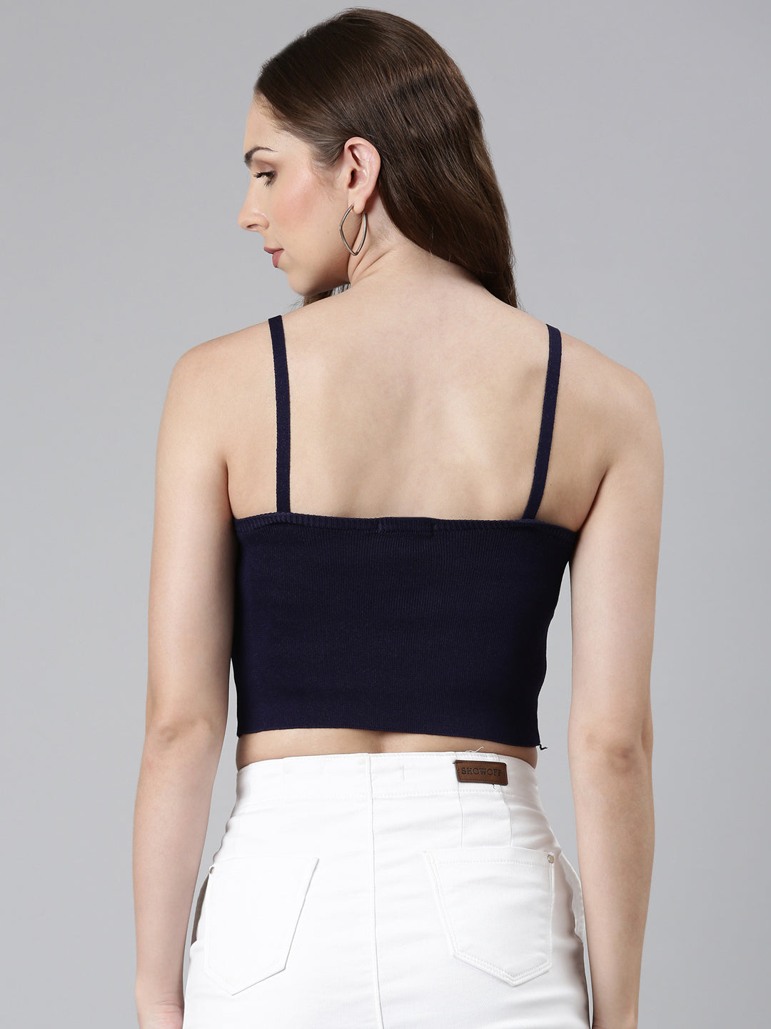 Shoulder Straps Solid Sleeveless Navy Blue Crop Tank Top