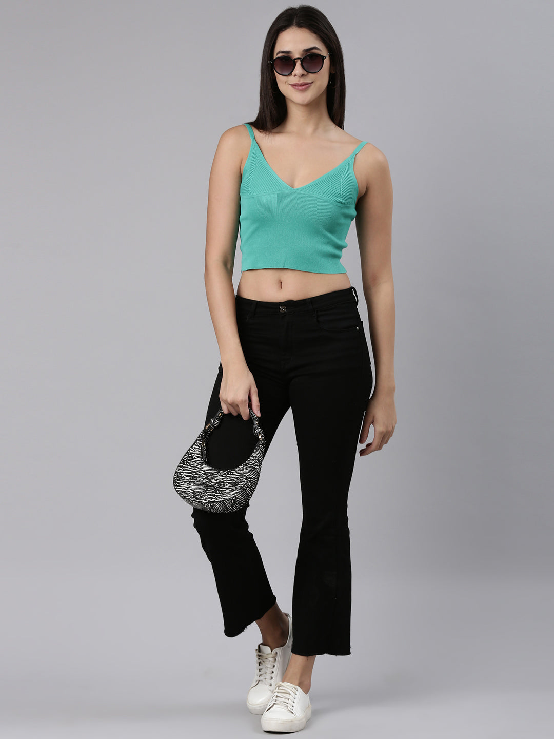 Shoulder Straps Solid Sleeveless Sea Green Crop Tank Top