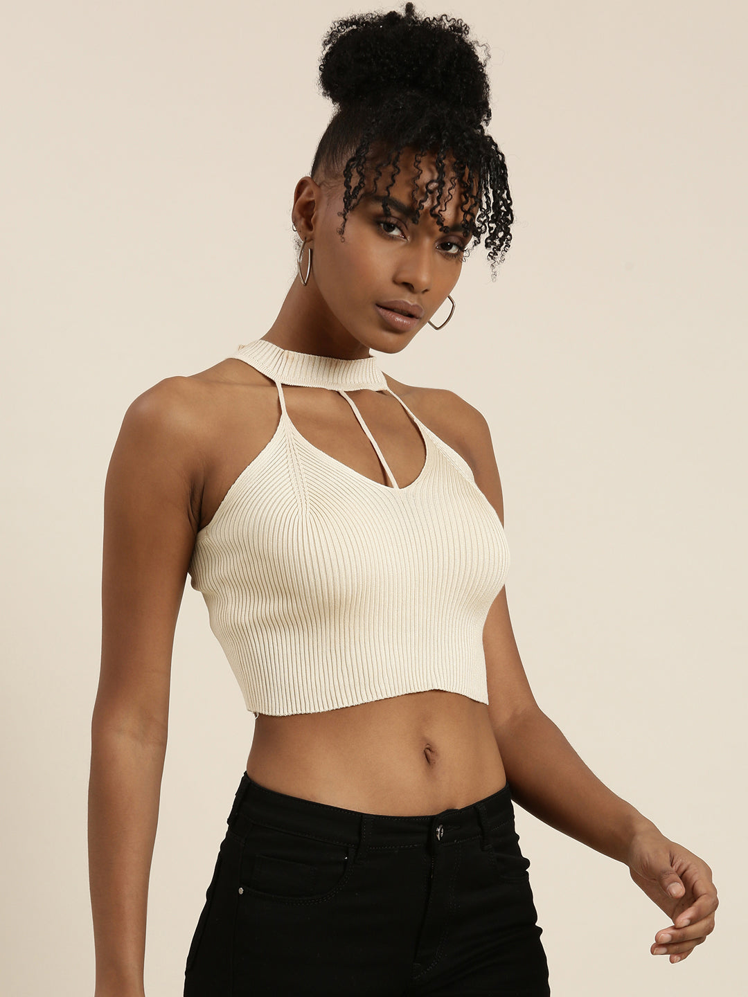 Halter Neck Solid Sleeveless Fitted Beige Crop Top