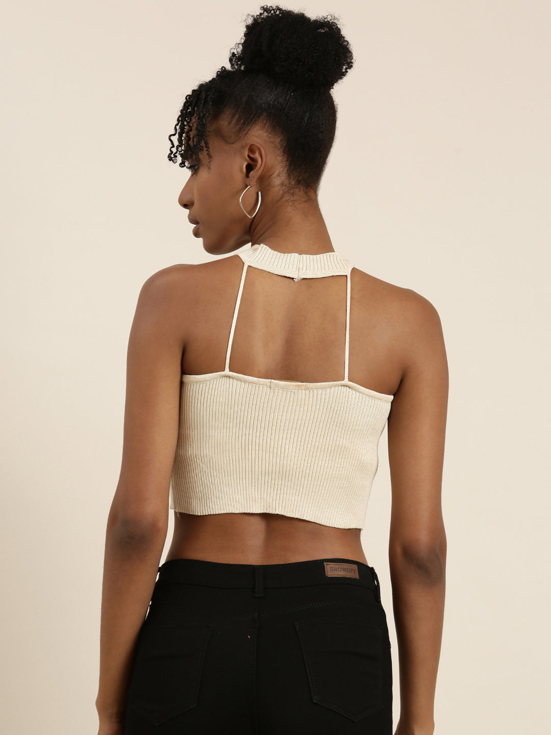 Halter Neck Solid Sleeveless Fitted Beige Crop Top