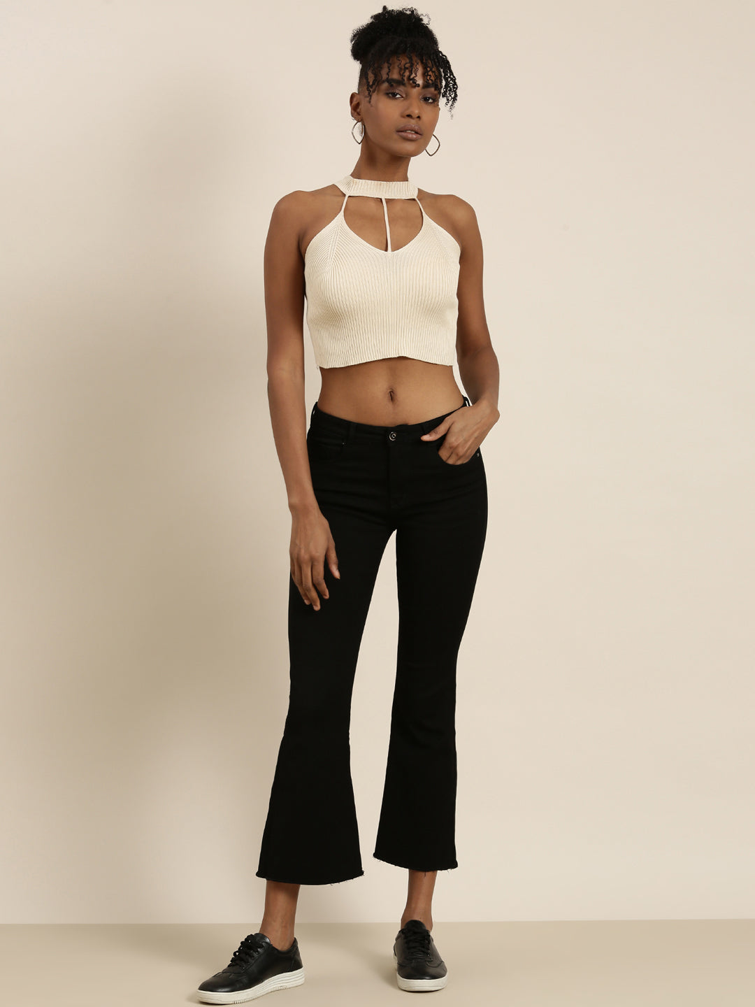 Halter Neck Solid Sleeveless Fitted Beige Crop Top